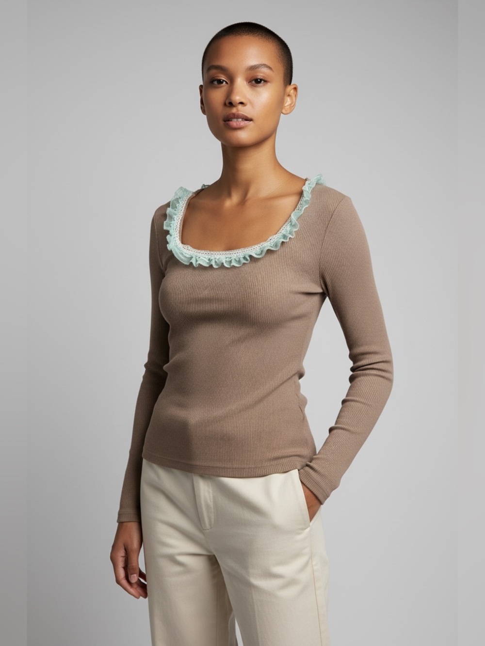 Wild Fable Long Sleeve Ribbed Top with Mint Ruffle Trim